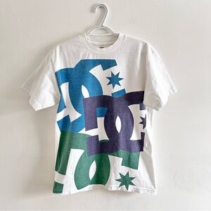 DC Shoes White Logo Graphic Tee - Blue Green Purple Print y2K